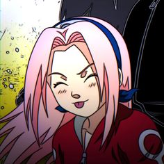 an anime character with pink hair wearing headphones and looking at the camera while standing next to another character