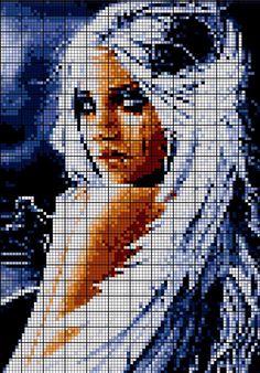 a pixellated image of a woman with an owl on her shoulder, and another bird in the background