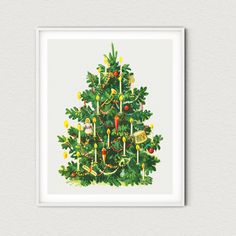 a painting of a christmas tree with candles and ornaments on it's branches is framed in white paper