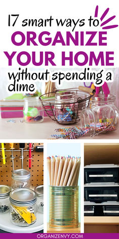 Collage of photos showing ways to repurpose common household items into storage organizers Free Storage Ideas, Make Organization Ideas, Organizing Hacks For Small Spaces, Easy Diy Organization Ideas, Best Organization Hacks, Free Organization Ideas, Cheap Home Organization Ideas, Organization Ideas For The Home Videos, Large Family Organization Ideas