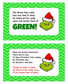 two green christmas gift tags with the words grin on them and an image of a cartoon character