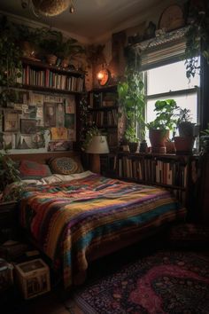 a bedroom with a bed, bookshelf and plants