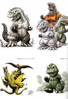 four different types of godzillas are shown in this drawing book, each with their own character