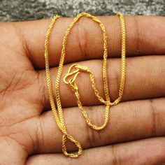 Pure Handmade work done Metal - 22k Yellow Gold Weight- 3.94 grams approx Width- 2 mm Length- 16 inches approx Pure Gold Necklace Indian, Indian Gold Chain, Pure Gold Necklace, Handmade Chain Jewelry, 22k Gold Necklace, Gold Necklace Indian, Handmade Gold Jewellery, Necklace Indian, Gold Rope Chains