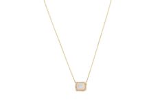 The Kaia Necklace features an 8 mm emerald cut moonstone center stone, set in solid 14k textured yellow or white gold on an adjustable 16 & 18 inch chain and is accented with a halo of 1 mm diamonds. The moonstone, known as the stone of new beginnings, can re-energize the mind & body by soothing emotional instability and stress. They have the ability to promote inspiration, enhance intuition and present success and good fortune in love. Due to the nature of the stones, each piece will vary sligh White Moonstone Jewelry With Single Cut Diamonds, Elegant Yellow Gold Moonstone Necklace, Elegant Moonstone Necklace In Yellow Gold, White Moonstone Jewelry With Diamond Accents, Elegant Formal Moonstone Necklaces, Elegant Formal Moonstone Necklace, Elegant Moonstone Necklace For Formal Occasions, Elegant Moonstone Necklaces For Formal Occasions, White Rectangular Single Cut Diamond Jewelry