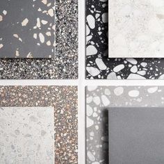 four different types of tile in various colors and shapes, all with black and white speckles