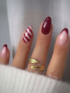 dark red glitter nails with stripe Candy Cane Nails, December Nails, Cute Acrylic Nails