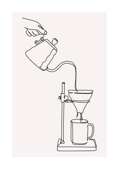 a drawing of a person pouring coffee into a cup with a machine attached to it