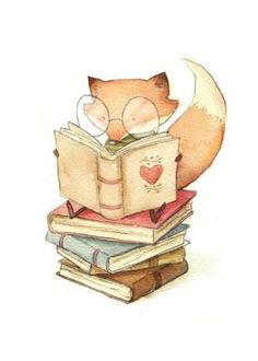 a drawing of a fox reading a book on top of books with the moon above it