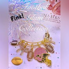 Football Gold Charm Bangle Bracelet With: 2 Gold Rhinestone Bows 2 Rhinestone Footballs 1 Pink Rhinestone Helmet 2 Brown Footballs With White Lace Pattern Free Earrings With Purchase! Put A Little Glam In Your Football Jewelry Game! Bling Bangle Jewelry Gift, Gift Charm Bracelet With Rhinestones, Gold Bracelets With Handset Stones Gift, Crystal Bangle Bracelet With Rhinestones For Gift, Adjustable Crystal Jewelry With Charms, Rhinestone Football, Football Jewelry, Girly Accessories, Rhinestone Bow