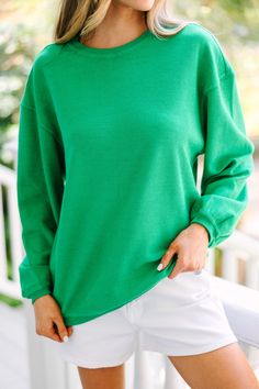 This classic corded sweatshirt is a perfect blank canvas! you can style it with jeans, shorts, leggings, whatever you want! It's so causal and definitely cute! This sweatshirt features long sleeves, a crew neckline, and a corded fabric. Material has a generous amount of stretch.London is wearing the small. Be A Light, Be The Light, Mint Julep Boutique, Cute Embroidery, Model Fits, Blank Canvas, Measurement Length, Kelly Green, Top Dress