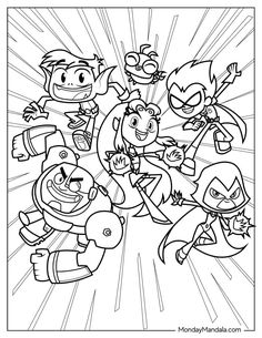 cartoon characters from the powerpunks coloring page with sunburst in background