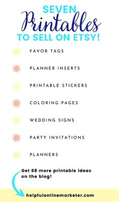 the seven printables to sell on etsy is shown in blue and yellow