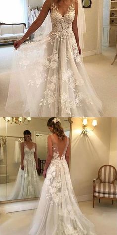 two pictures of a woman in a wedding dress looking at her reflection in the mirror