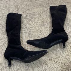 New! Stuart Weizmann. Never Worn. Black Stretch Suede. Size 5. 2.5 Inch Kitten Heel. Need To Have Skinny Calves For These! Size 5. Fitted Boots With Suede Lining And Almond Toe, Fitted Low Heel Heeled Boots With Leather Sole, Fitted Heeled Boots With Suede Lining And Almond Toe, Fitted Almond Toe Heeled Boots With Suede Lining, Fitted Suede-lined Heeled Boots With Almond Toe, Fitted Suede Low Heel Boots, Elegant Low Heel Boots With Suede Lining, Formal Boots With Low Heel And Medium Width, Formal Boots With Medium Width And Low Heel