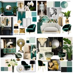 a collage of green, gold and white furniture with the words'modern decor '