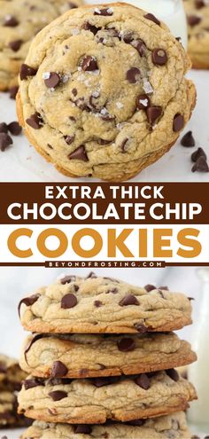 This easy cookie recipe lets you enjoy a giant one all to yourself! Pantry staples are all you need for this simple dessert. With chewy, gooey centers and crispy edges, these Extra Thick Chocolate Chip Cookies are the BEST! Chewy Cookie Base Recipe, Big Chunky Cookie Recipe, Super Chewy Cookies, Best Thick Chewy Chocolate Chip Cookies, How To Make Thick Fluffy Chocolate Chip Cookies, Giant Chewy Chocolate Chip Cookies, Puffy Chocolate Chip Cookies Soft, Fluffy Chewy Chocolate Chip Cookies, Thick Cookies Chocolate Chip