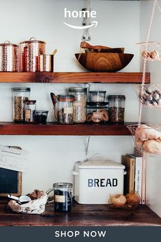 the shelves in this kitchen are filled with various types of food and cooking utensils