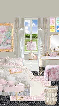 a bedroom with pink and white decor in it