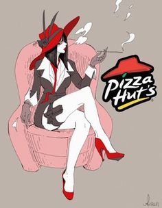 a drawing of a woman sitting on a pink chair with pizza hut's logo in the background