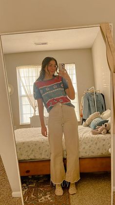 2022 fashion trends, vintage aesthetic, vintage fashion, vintage sweater, shoulder pads, 90’s fashion, 90’s vintage, wide leg jeans, twill pants, women’s twill pants, neutral pants, grey pants, straight leg jeans, marine straight jeans, Zara pants, winter pastel, floral, Pinterest aesthetic, Pinterest inspired, mirror pic, mirror selfie, mirror poses, outfit inspo, ootd inspiration, work outfit inspo , doc martens, dr martens outfit, oxfords, women’s Dr martens outfits Unique Comfy Outfits, Alexis Sunshine 83, Cute Fun Outfits, Professional Granola Outfits, Thrifted Outfits Spring, Earthy Spring Outfits, Granola Work Outfit, Montessori Teacher Outfits, Garment Friendly Summer Outfits