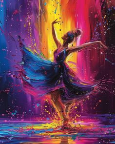 a painting of a woman dancing with colorful paint splatters all around her body