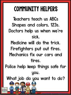 a sign that says community helpers teachers teach us abc's shops and colors