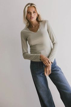 Basic top in sage Soft-washed Relaxed Fit Crew Neck Top, Comfy Long Sleeve Soft-washed Top, Versatile Stretch V-neck Long Sleeve Top, Green Soft-washed Crew Neck Top, Soft-washed Green Long Sleeve Tops, Square Neck Bodysuit, Basic Tops, Knit Tanks, Waffle Knit