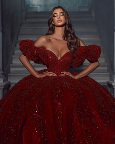 This elegant floor length wedding dress features a V-neck neckline, off-the-shoulder straps, and A-line silhouette adorned with sequins and ruffles. Perfect for that special day, this stunning gown will have you looking flawless from head to toe. Burgundy Wedding Dress, Sequins Wedding Gown, Christmas Gala, Off Shoulder Ball Gown, Red Quince, Gala Gowns, Photo Cover, Red Quinceanera Dresses, Wedding Dresses Uk