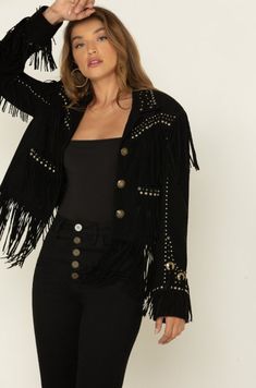 Double D Women's Studded Western cowgirl Suede Fringe Watanya Cicilla Jacket Bring out inner side with this fabulous Western leather jacket. Gives you style and comfort while wearing it, be the envy of your crowd. A great fashion western style leather jacket. This jacket comes in different leather types, Please select upon order.   Shirt collar with Button closure in front   Fringes on the arms, front and the back Kindly confirm the size according  to the size chart $25 charge extra from above 2xl  PLEASE NOTE IF WE RUN OUT OF MERCHANDISE WE MIGHT SEND ORDERS DIRECT FROM OUR OVERSEAS MANUFACTURING UNIT. Native American Jackets, American Jacket, Women Western Wear, Womens Black Leather Jacket, Boot Barn, Western Wear For Women, Fringe Jacket, Western Cowgirls, Western Cowgirl