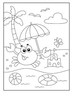 a cartoon crab with an umbrella on the beach coloring pages for kids, printable