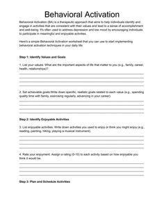 Work on improving your life with this behavioral activation worksheet to help with your mental health! Behavioural Activation, Wellness Wishlist, Worksheets For Mental Health, Behavioral Activation, Cbt Therapy Worksheets, Therapeutic Worksheets, Bpd Symptoms, Cbt Worksheets, Counseling Worksheets