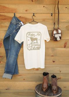 Rope Me Tee-Graphic Tee-Crooked Horn Company, Online Women's Fashion Boutique in San Tan Valley, Arizona 85140 Brown Graphic Design, Western Graphic Design, Quote Tees, Western Style, Favorite Jeans, Jeans Shorts, Western Fashion, Crew Neckline, Cream Color