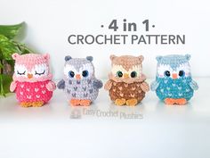 three crocheted owls sitting next to each other on a white surface with text reading 4 in 1 crochet pattern