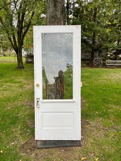 a white door sitting in the grass next to a tree with a reflection on it