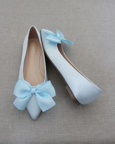 "Chic satin pointy toe flats with oversized satin bow. Perfect simplicity for bride and wedding party. DETAILS: COLORS AVAILABLE: White, Off White, Ivory, Pink, Dusty Pink, Champagne, Aqua Blue, Light Blue and Royal Blue Satin. UPPER: Synthetic upper and lining MATERIALS: Mandmade outsole STYLE NAME: VANITA SIZE FIT: RUNS LARGE, ORDER 1/2 SIZE SMALLER FROM NORMAL SIZE Not sure of which size to purchase? Shoes measurements are as follow: (Please note measurements taken the length of inside of sho Women Wedding Shoes, Blue Bridal Shoes, Shoes Bridesmaid, Wedding Shoes Bridesmaid, Women's Slip Ons, Bow Women, Pointy Toe Flats, Bridesmaid Shoes, Blue Bridal