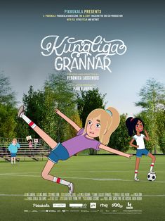 a cartoon character is kicking a soccer ball in front of another character on the field