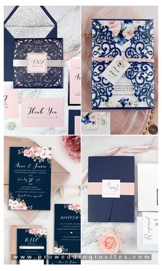 wedding stationery with navy, pink and white colors