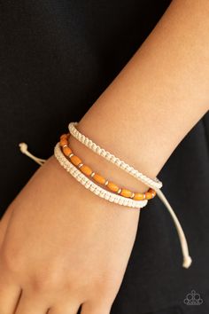 Infused with dainty silver beads, a strand of orange wooden beads layers with two braided rows of twine-like cording around the wrist for a colorfully layered look. Features an adjustable sliding knot closure. Sliding Knot Bracelet, Adjustable Sliding Knot, Sliding Knot Closure, Orange Bracelet, Knot Bracelet, Rose Quartz Stone, Sliding Knot, Paparazzi Accessories, Blue Gems