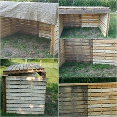 several pictures of different types of wooden pallets in the grass and on the ground