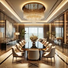 an elegant dining room with chandelier, chairs and table in the centerpiece