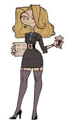 a drawing of a woman with blonde hair holding a newspaper and wearing high heeled shoes