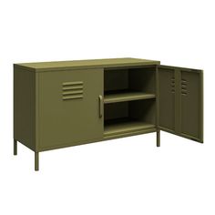 a green metal cabinet with two doors and shelves