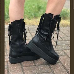 Epic Boots Made From Buttery Soft Genuine Leather. Perfect For Burning Man Or Any Festival! Retails For $350 Plus Shipping. Brand New, Never Worn! Size 37. Black Platform Boots For Festival, Black Platform Boots With Round Toe For Festivals, Festival Platform Boots With Round Toe, Gothic Leather Platform Boots With Round Toe, High-top Black Boots For Festival, Black High-top Festival Boots, Black High-top Boots For Festival, Gothic Leather Lace-up Platform Boots, Gothic Lace-up Leather Platform Boots