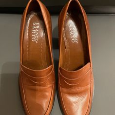 Brand New Never Worn Cognac Tan Casual Heels Brown Court Shoes With 4-inch Heel For Office, Classic Brown Heels Medium Width, Classic Brown Work Heels, Classic Brown Heels For Work, Classic Medium Width Brown Heels, Brown Almond Toe Classic Heels, Brown Stacked Heel Office Heels, Office Brown Heels With Stacked Heel, Brown Stacked Heel Heels For Office