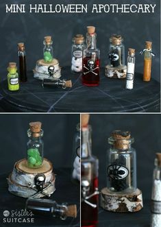 bottles filled with halloween apothecary sitting on top of a black table next to each other