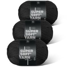 three balls of yarn with the words super soft yarn in white and black on them