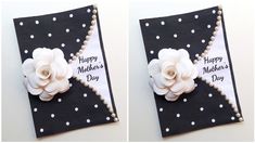 two pictures of a mother's day card with white flowers on black and white polka dots