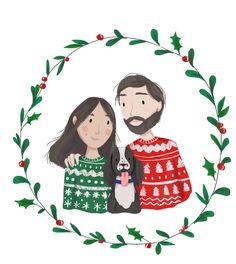 a couple in christmas sweaters with a dog sitting next to each other on a wreath