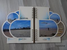 an open photo album with pictures of people on the beach and in the distance, there is a person walking